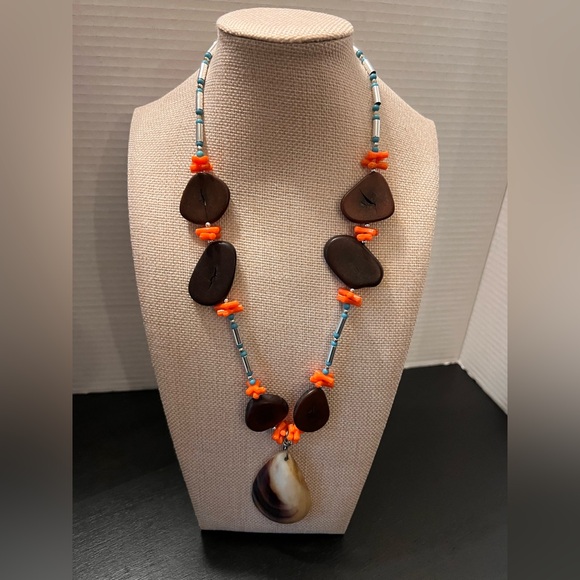Jewelry - Vintage Brown Orange Shell Beaded Necklace mixed materials shell wooden chunky